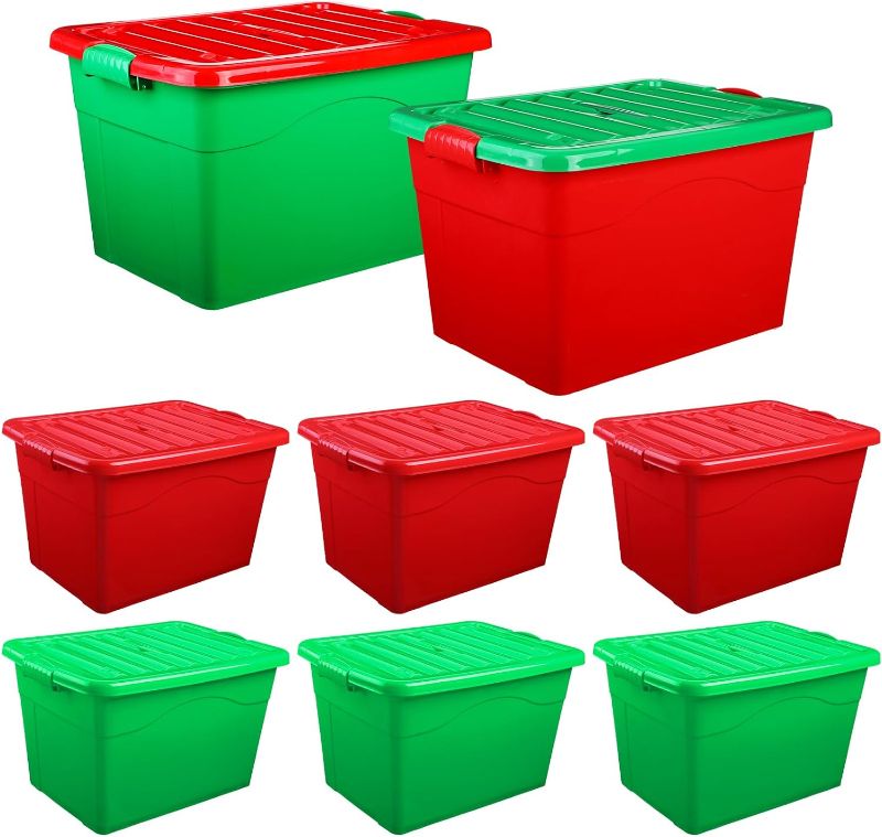 Photo 1 of 6 Pcs Christmas Storage Bins with Lids Red Green Storage Containers Plastic Box 72 Qt Large Stackable Nestable Storage Box with Wheels and Latching Handles
