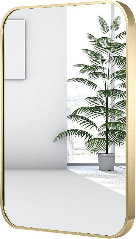 Photo 1 of 24x36 Inch Gold Bathroom Mirror, Brushed Brass Gold Metal Framed Rectangular Mirror with Rounded Corner, Wall Mounted Vanity Mirror for Bedroom or Living Room, Horizontal/Vertical
