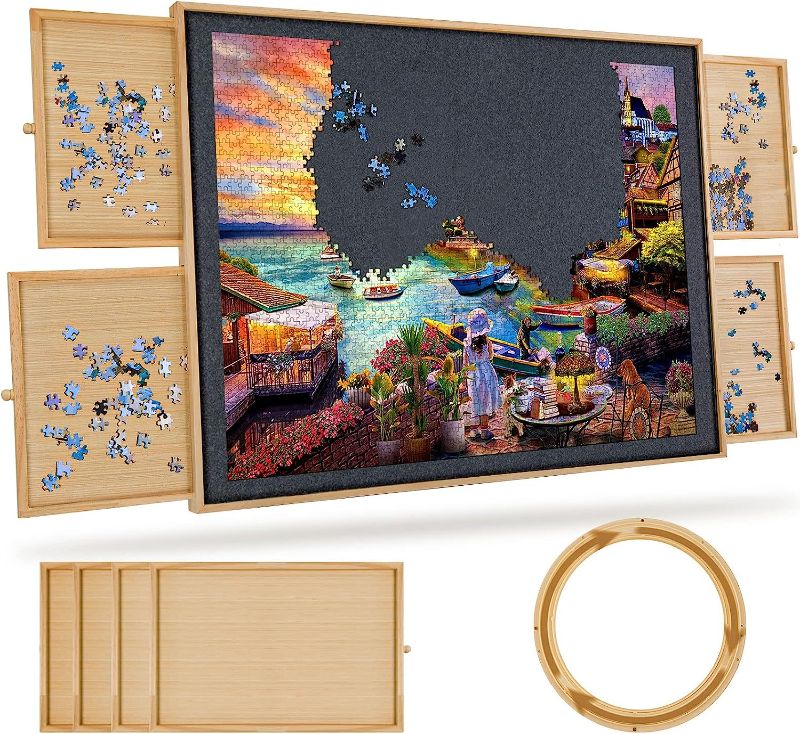 Photo 1 of TEAKMAMA 1500 Piece Rotating Jigsaw Felt Puzzle Board with 4 Drawers & Cover, 34.2” X 26" Wooden Felt Puzzle Table, Spining Lazy Susan Design for Adults and Kids Portable Board-Natural

