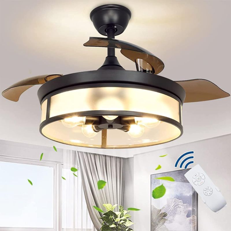Photo 1 of Depuley Industrial Ceiling Fan with Light, 42" Ceiling Fan with Retractable Blades, Vintage Acrylic Chandelier Fan Light Fixtures with Remote for Living Room, Kitchen, Bedroom, 5 E26 Base(No Bulb)
