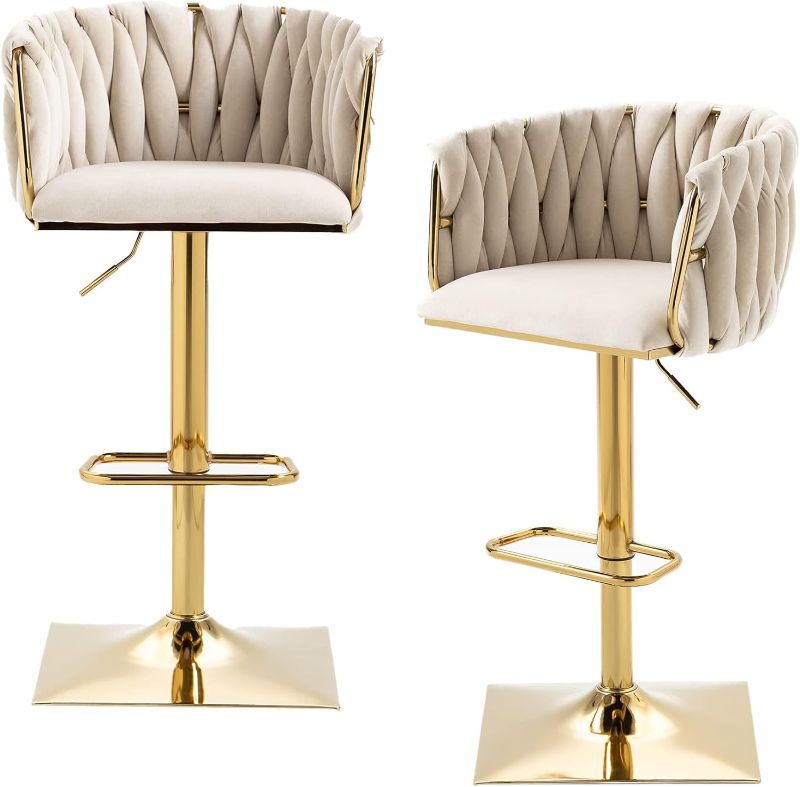Photo 1 of Homtique Bar Stool,Velvet Woven Bar Stools,Adjustable Counter Height Swivel Barstools with Low Back and Gold Base for Kitchen Island,Pub,Dining Room (2, Ivory)
