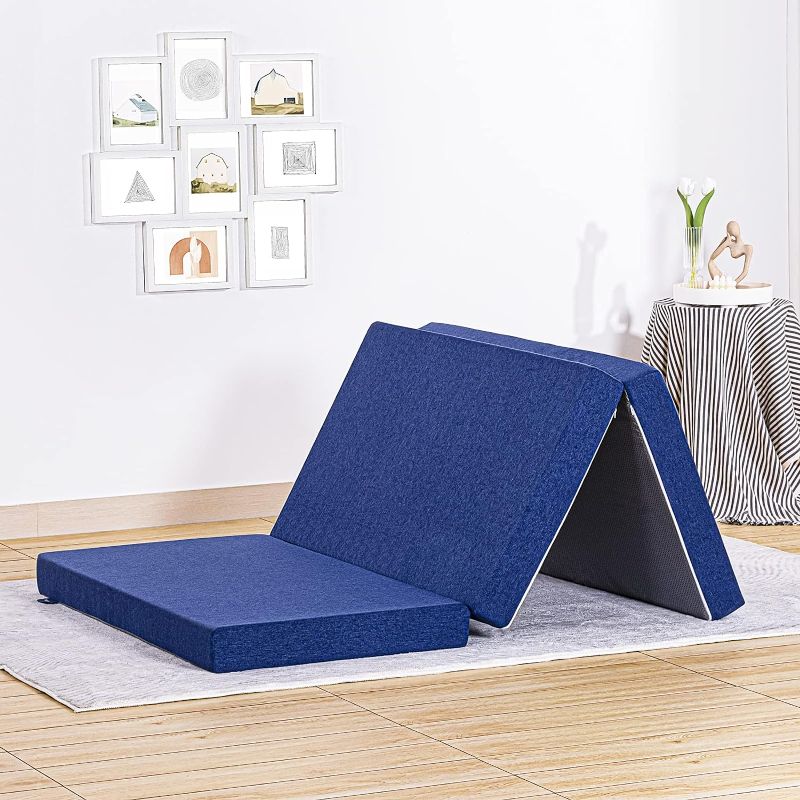 Photo 1 of JINGWEI Folding Mattress, Tri-fold Memory Foam Mattress with Washable Cover, 3-Inch, Twin Size, Play Mat, Foldable Bed, Guest beds, Camp Portable Bed, 38"*75*'3"
