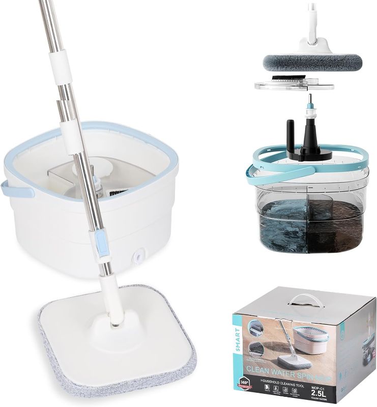 Photo 1 of Spin Mop, Mop and Bucket with Wringer Set for Home Cleaning Spinning Mops with Separate Dirty and Clean Water Wet and Dry Mop for Floors (Square Spin Mop, 3 Washable Microfiber Mop Pads)

