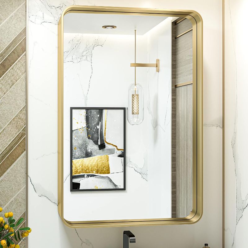 Photo 1 of TokeShimi Gold Bathroom Mirror for Wall 24 x 36 Inch Metal Rounded Corner Rectangle Mirror Wall Mirror Metal Frame Deep Set Design Hangs Horizontal Or Vertical Rustic Mirror
