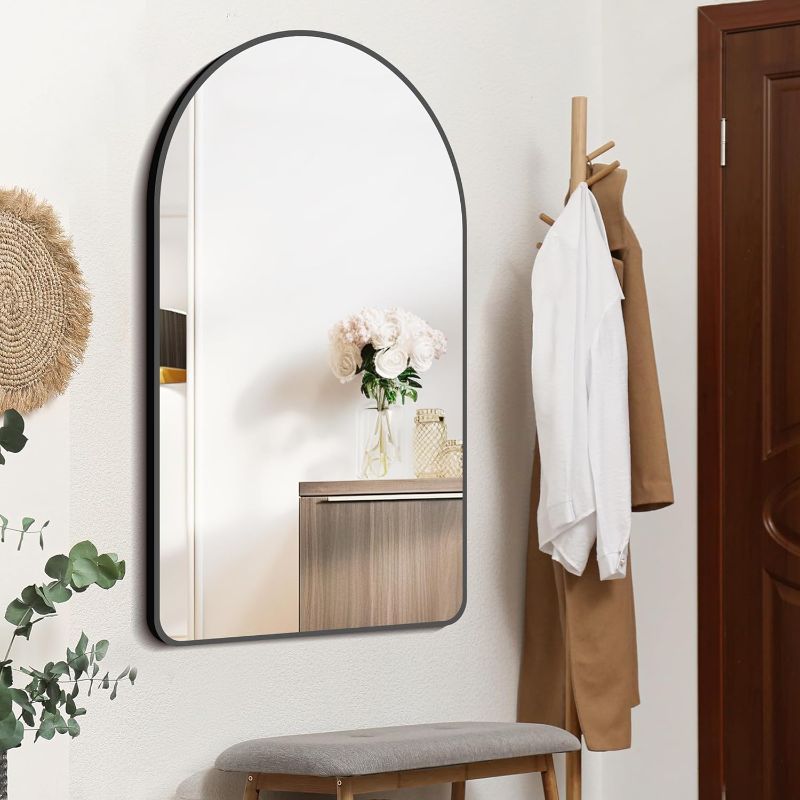 Photo 1 of FORBATH Arched Wall Mirror, 30"x48" Bathroom Mirror Wall Mounted Modern Black Aluminum Alloy Frame Decor Large Dresser Mirror for Bedroom Living Room Entryway, Hanging or Leaning Against Wall
