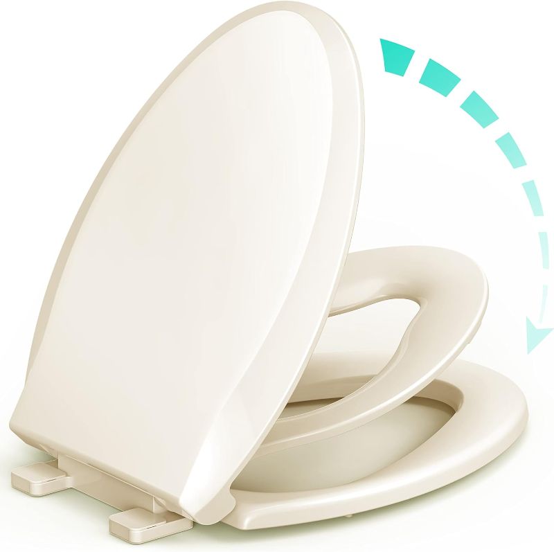 Photo 1 of Elongated Toilet Seat with Built-in Potty Training Seat for Toddlers& Adults, Slow Close, Never Loosen, Heavy Duty, Ergonomic, Space Saving Toddler Toilet Seat, (Elongated 18.5", Oval, Bone/Almond)
