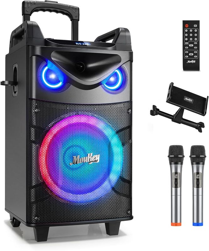 Photo 1 of Moukey Karaoke Machine, 10" Woofer Portable PA System, Bluetooth Speaker with 2 Wireless Microphones, Lyrics Display Tablet Holder, Party Lights & Echo/Treble/Bass Adjustment Support REC/AUX/USB/TF
