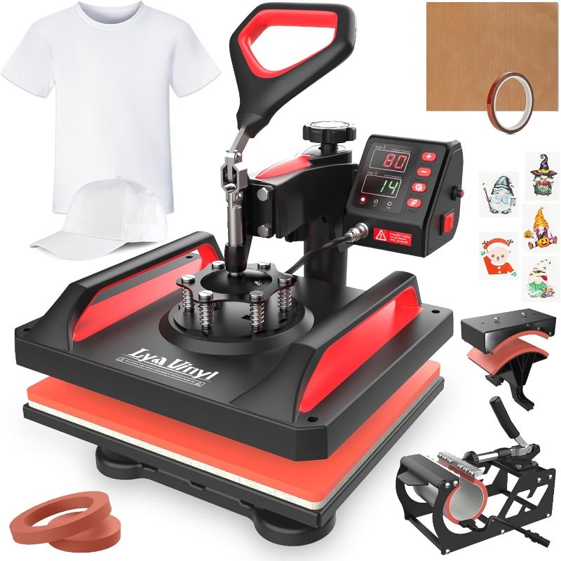 Photo 1 of Heat Press, Lya Vinyl 5 in 1 Heat Press Machine - 12 x 15 inch Combo Swing Away T-Shirt Sublimation Transfer Printer, Including Mug and Hat Accessories
