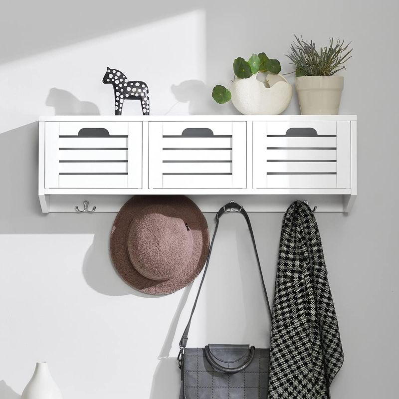 Photo 1 of Haotian FHK19-W, White Wall Display Storage Unit with 3 Drawers and 4 Hooks, Wall Coat Rack Bathroom Kitchen Cupboard
