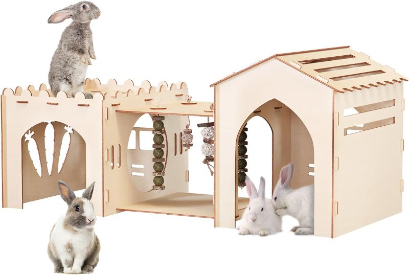 Photo 1 of Woiworco Extra Large Rabbit Castle Hideout Bunny House with 3 Houses and Toys, Wooden Bunny Hideout Indoor Large Rabbit Hutch Play Houses and Hideouts Nut Castle Hamsters and Guinea Pigs Hut to Hide

