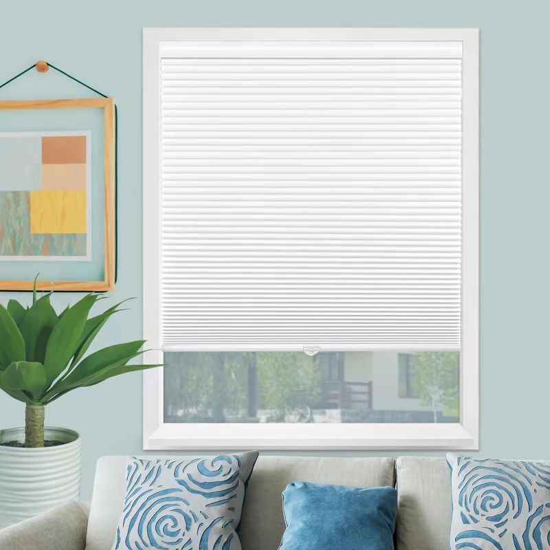 Photo 1 of Cellular Shades for Windows and Doors- No Cord Total Blackout Honeycomb Blinds, Cordless Customize Large Size, Harmful UV Rays and Heat Insulation for Office Home, White-Blackout, Size 26" W x 40" H
