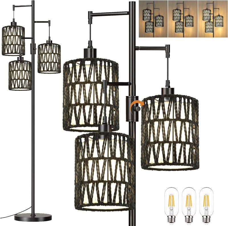 Photo 1 of Floor Lamps for Living Room Bedroom 3-Lights Rattan Boho Floor Lamp,Dimmable Black Rustic Standing Lamp with Rattan Wicker & Fabric Shades,68" Farmhouse Wicker Tall Three Floor Lamp For Bedroom Corner
