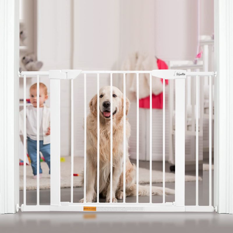 Photo 1 of 29.5 to 43.3" Extra Wide Walk Through Pet Gate, Auto Close Safety Baby Gate, Metal Durability Dog Gate for House, Stairs, Doorways, includes 2 Extension Kit, White
