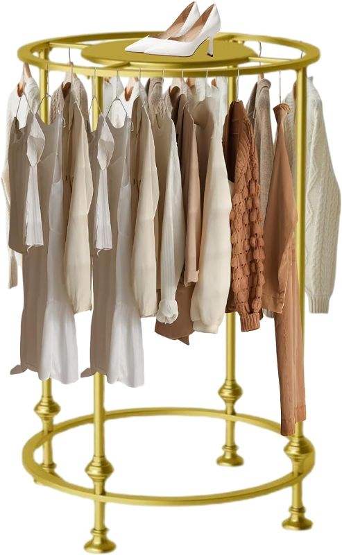 Photo 1 of Round Garment Rack Gold Clothing Rack, Freestanding Metal Clothes Rack, Double Space Multi-Purpose Floor-Standing Retail Clothing Rack for Clothes Storage, Commercial Clothing Organize
