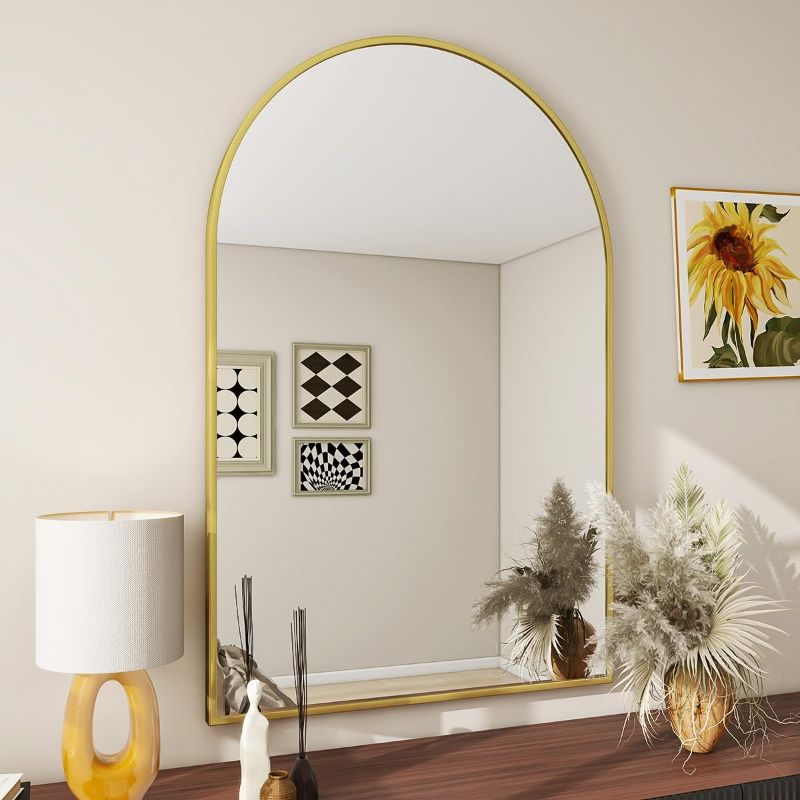 Photo 1 of BEAUTYPEAK Wall Mounted Mirror, 26 inch x38 inch Arch Bathroom Mirror, Gold Vanity Wall Mirror w/ Metal Frame for Bedroom, Entryway, Living Room
