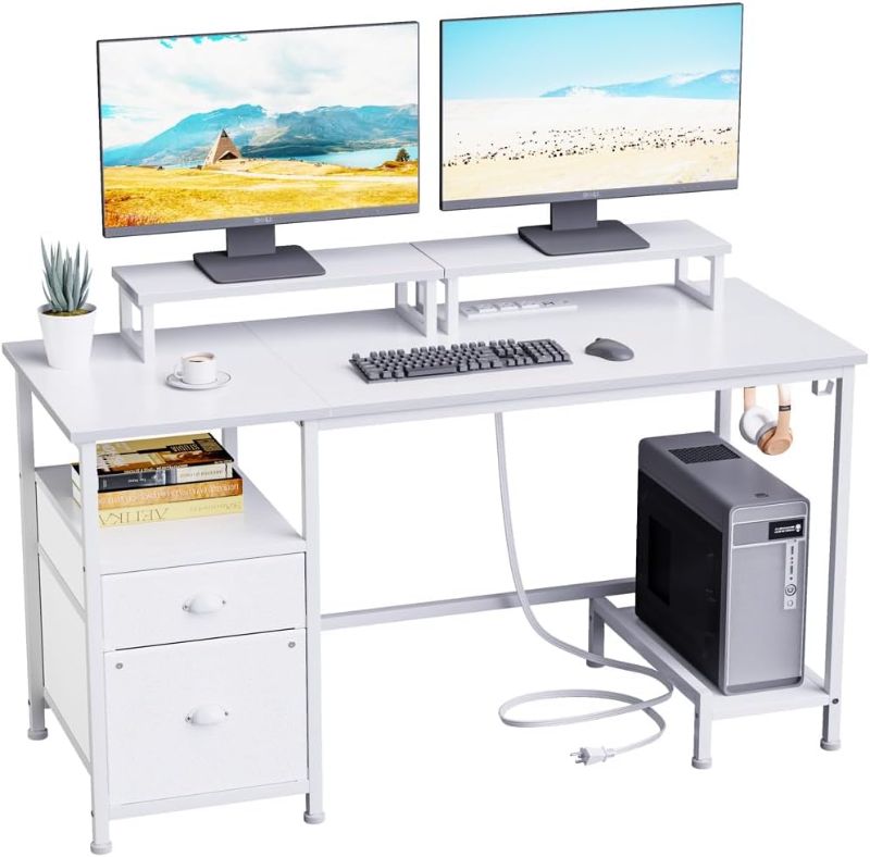Photo 1 of Furologee White Computer Desk with Drawer and Power Outlets, 47" Office Desk with 2 Monitor Stands and Fabric File Cabinet, Writing Gaming Table with Shelves and 2 Hooks for Home Office
