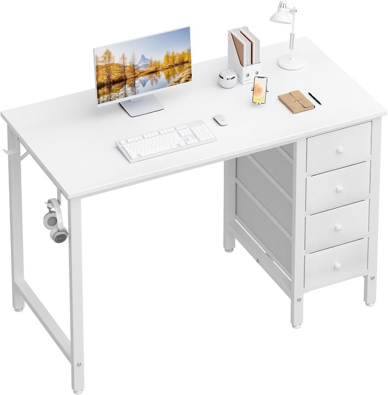 Photo 1 of Lufeiya Small White Desk with Drawers - 40 Inch Kids Girls Teen Cute Study Desk for Bedroom Work, Computer Writing Table Desks with Fabric Drawer for Small Spaces Home Office
