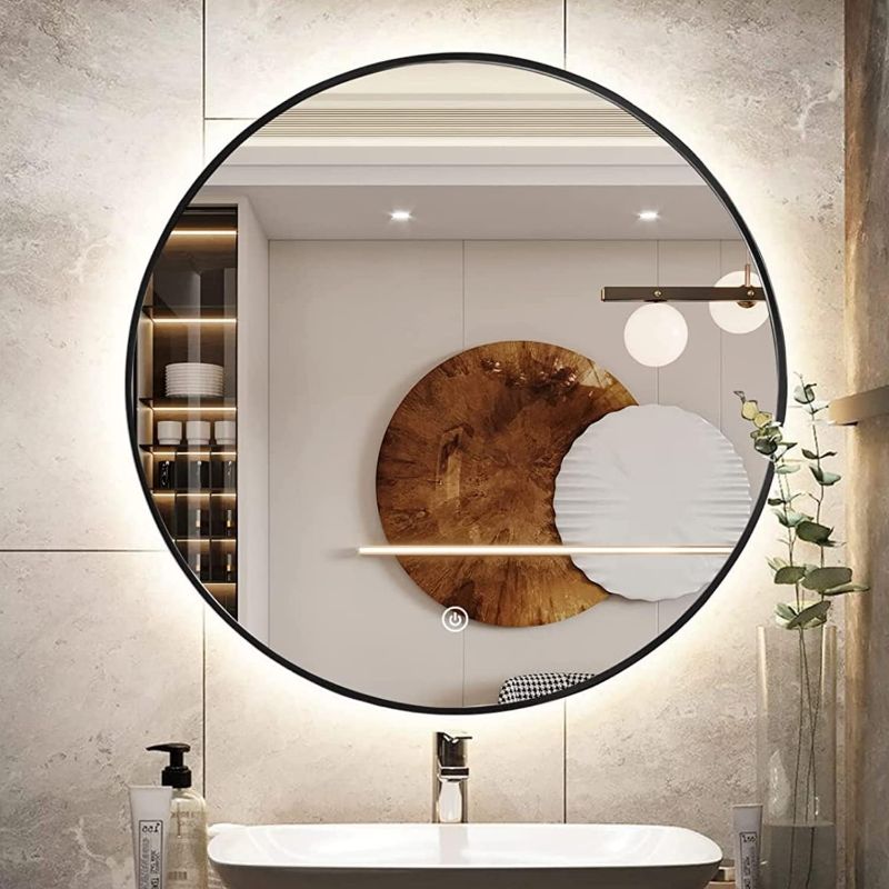 Photo 1 of 32" LED Backlit Bathroom Vanity Mirror, Wall Mounted Round Makeup Shaving Mirror with 45° Beveled Metal Frame Design, HD Waterproof&Explosion-Proof Smart Mirror, Memory Function, Black

