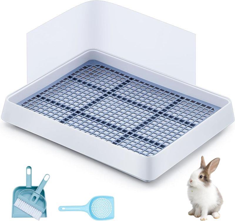 Photo 1 of Uiifan Rabbit Litter Box Bunny Litter Pan Guinea Pig Litter Tray Small Animal Litter Pet Toilet Potty Rectangular Rabbit Bedding Tray Ferrets Cage (White and Blue,22.5 x 17.9 x 3.07)
