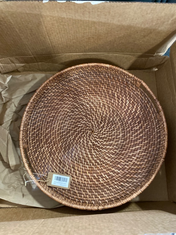 Photo 2 of Round Rattan Woven Serving Tray with Handles Ottoman Tray for Breakfast, Drinks, Snack for Coffee Table, Home Decorative (16.9 inch, Honey Brown)
