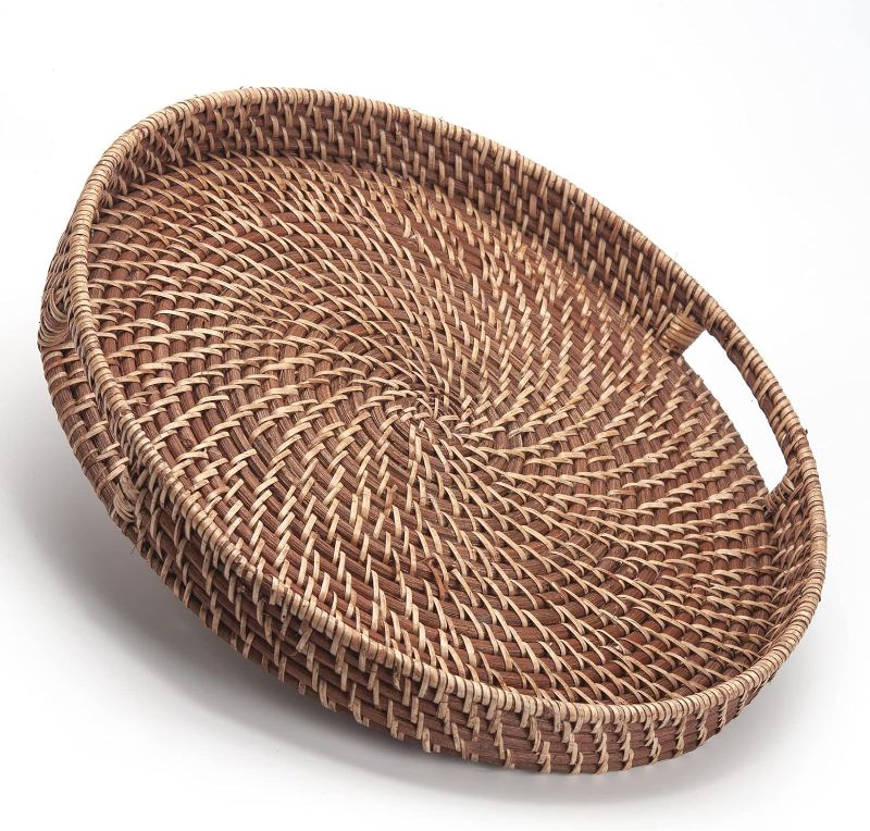 Photo 1 of Round Rattan Woven Serving Tray with Handles Ottoman Tray for Breakfast, Drinks, Snack for Coffee Table, Home Decorative (16.9 inch, Honey Brown)
