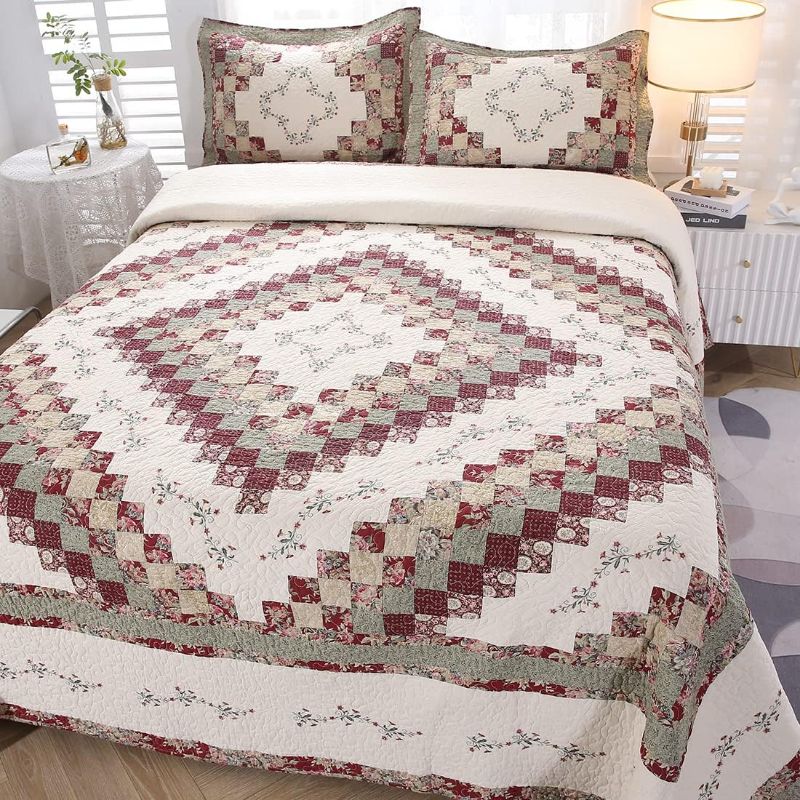 Photo 1 of 3 Pieces 100% Cotton Quilted Real Patchwork Embroidered Bedspread Set Oversized Queen Reversible Lightweight Coverlet Comforter Soft Warm Quilt Bedding Set (Red,96"x110")
