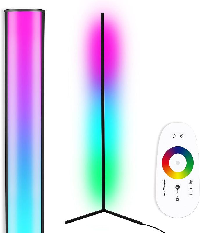 Photo 1 of TACAHE Corner Floor Lamp - RGB Color Changing Mood Light, Dimmable LED Modern Floor Lamp with Remote, 56" Metal Standing Lamp for Living Room, Bedroom 20W - Black
