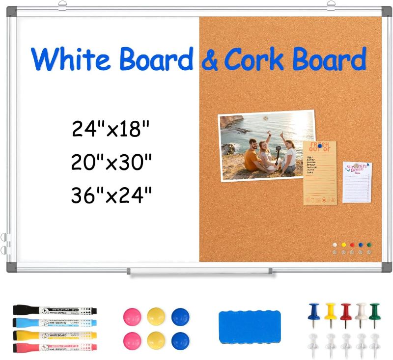Photo 1 of Combination Magnetic White Board & Cork Board, 24"x18" Cork Board White Board Combo for School, Office&Home, Dry Erase Board Bulletin Board with Removable Tray, Pins, Eraser, Markers&Magnets
