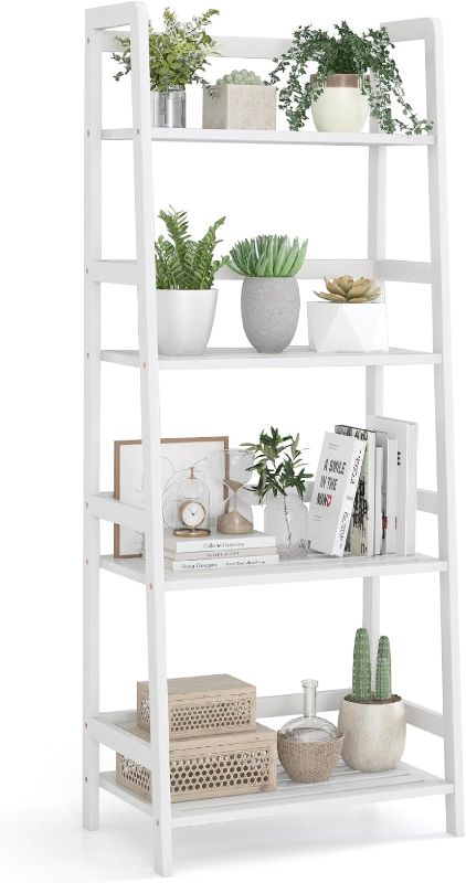 Photo 1 of Giantex 4-Tier White Ladder Shelf, Bamboo Open Bookcase Book Shelf with Storage, 47.5" Freestanding Display Shelving Unit Plant Stand Rack Organizer, Shelves for Bedroom, Living Room, Home Office
