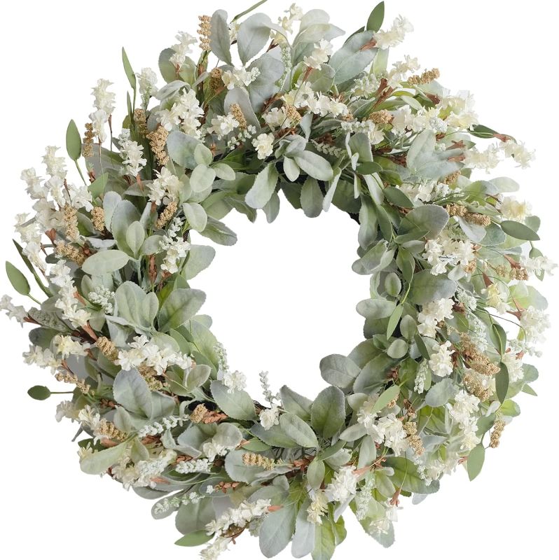 Photo 1 of 24 Inch Summer Spring Ivory Flowers Wreath for Front Door, Everyday Lamb Ears Leaves Wreath with White Artificial Flower for Indoor and Outdoor, Rustic and Farmhouse Greenery Flower Wreath
