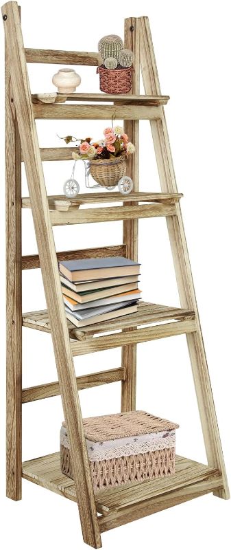 Photo 1 of ECOMEX 4 Tier Ladder Shelf, Wooden Ladder Shelf 4 Tier Bookshelf Rustic Foldable Ladder Shelf Storage Rack for Home Bedroom Office, Natural Color
