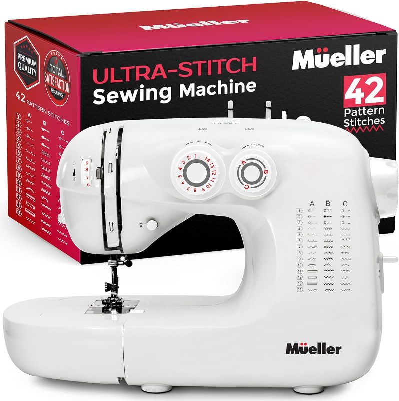 Photo 1 of Mueller Ultra Stitch, Easy to Use Sewing Machine, 110 Stitch Applications, LED Light, Foot Pedal, Reverse, Buttonhole, Button and Zipper Sewing, Thread Cutter, Removable Accessories Storage, White
