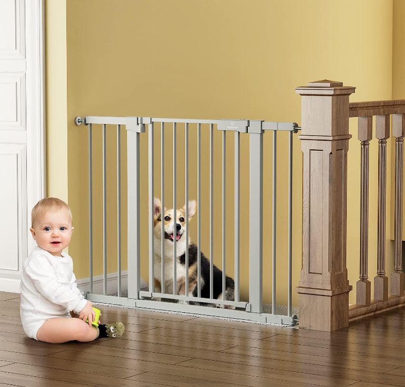 Photo 1 of Dog Gate for The House 27-43", BabyBond Baby Gate for Stairs, Extra Wide Baby Gates for Doorway, Auto Close Safety Pet Gate, with Extenders and Hardware/Pressure Mounting Kit (Gray)
