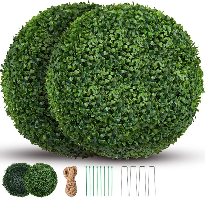 Photo 1 of 2 PCS 16.2 Inch Boxwood Balls with Ground Pegs and String, 4 Layers Artificial Plant Topiary Ball, UV Resistant Artificial Topiary Ball for Outdoor/Indoor, Front Porch, Wedding, Christmas Décor
