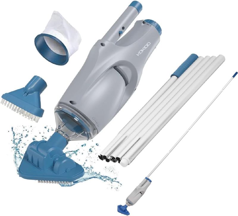 Photo 1 of KOKIDO 2024 Rechargeable Handheld Pool Vacuum Set with Adjustable Pole and 2 Interchangeable Brush Heads, for Above Ground Pool, Hot Tub, Spa and Small Pools to 20ft, Cordless, Spot Clean XTROVAC 110
