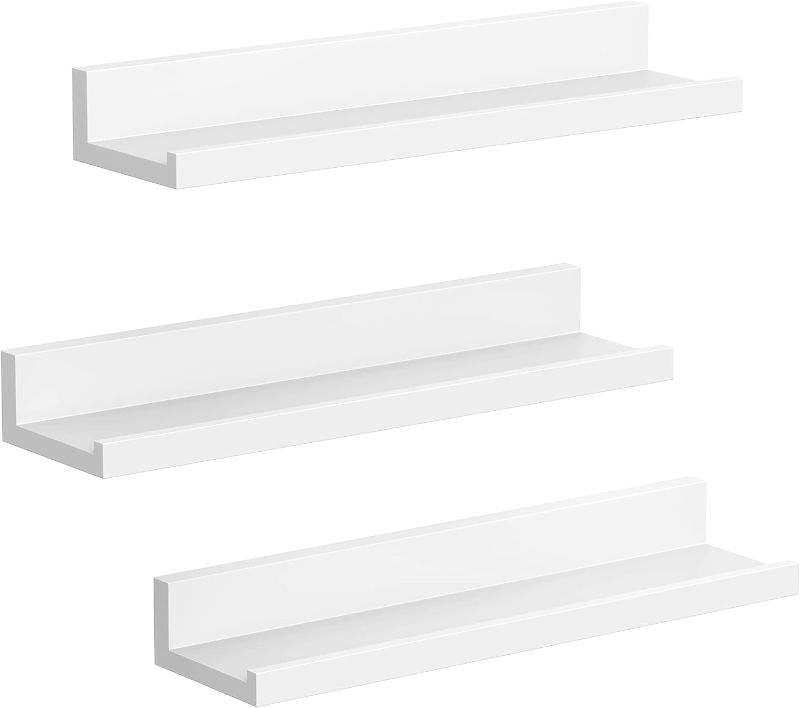 Photo 1 of SONGMICS Floating Shelves, Set of 3 Wall Shelves, 15-Inch Wide, for Photo Frames and Trinkets, for Living Room, Home Office, Kitchen, Bathroom, White ULWS38WT
