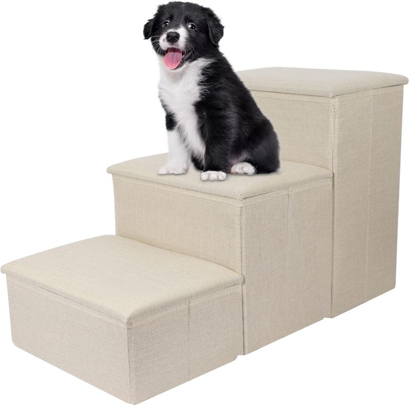 Photo 1 of yofit Dog Stairs with Storage, Foldable Pet Steps for High Beds, 3-Step Pet Stairs Ramp Puppy Toy Storage Box for Dogs Cats Small Pets (Beige)
