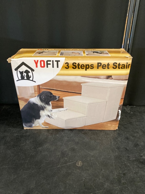 Photo 2 of yofit Dog Stairs with Storage, Foldable Pet Steps for High Beds, 3-Step Pet Stairs Ramp Puppy Toy Storage Box for Dogs Cats Small Pets (Beige)
