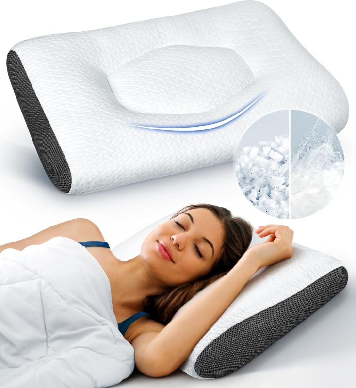 Photo 1 of Super Comfort Ergonomic Pillow for Neck Head and Shoulder Pain Relief, Odorless Contour Support Pillows for Bed Sleeping, Orthopedic Cervical Spine Stretch Pillow for Side Back Stomach Sleeper