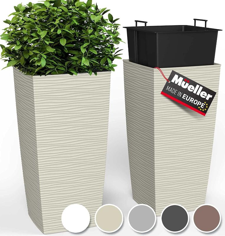 Photo 1 of (Does not come with the black buckets)Mueller M-Resin Heavy Duty Tall Planter, Indoor/Outdoor Grande Plant, Tree, Flower Pot, 2-Piece Set, 27.5”, Modern Design, Built-in Drainage, Beige