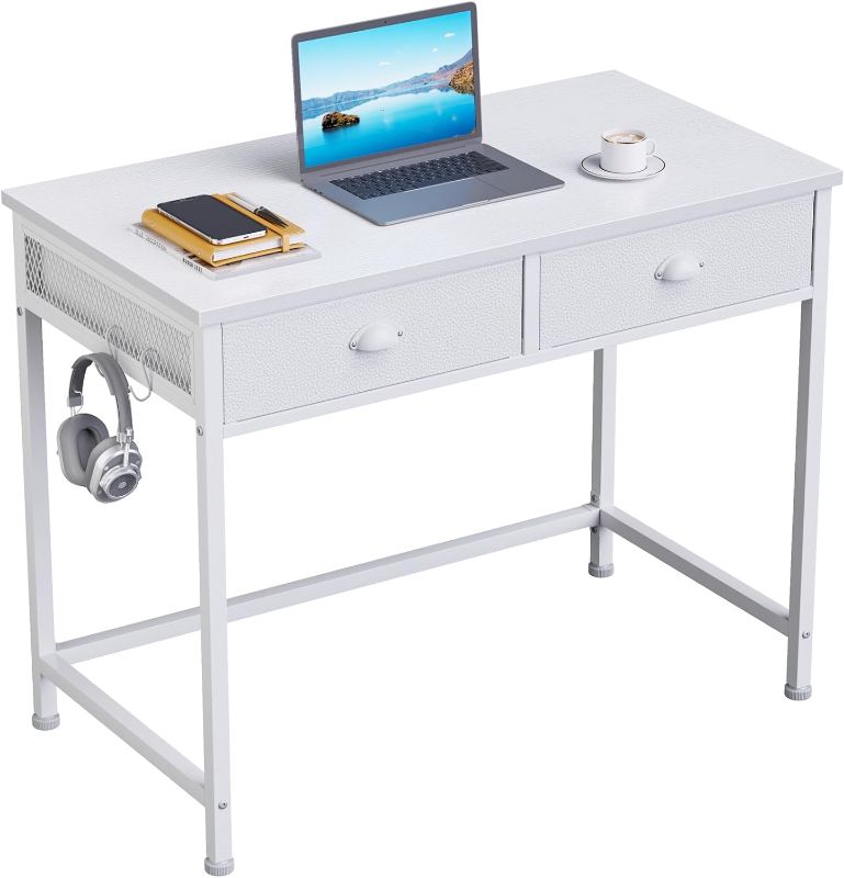 Photo 1 of Furologee White Small Computer Desk with 2 Fabric Drawers, 36 Inch Simple Home Office Writing Desk, Vanity Desk with Hooks, Study Desk for Bedroom Small Spaces