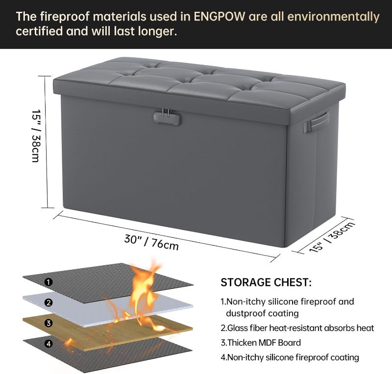 Photo 1 of ENGPOW Storage Ottoman Bench, Fireproof Folding Storage Bench with Lock,30 Inches Fire?Water Resistant Storage Chest Foot Rest Stool Leather Bedroom Bench