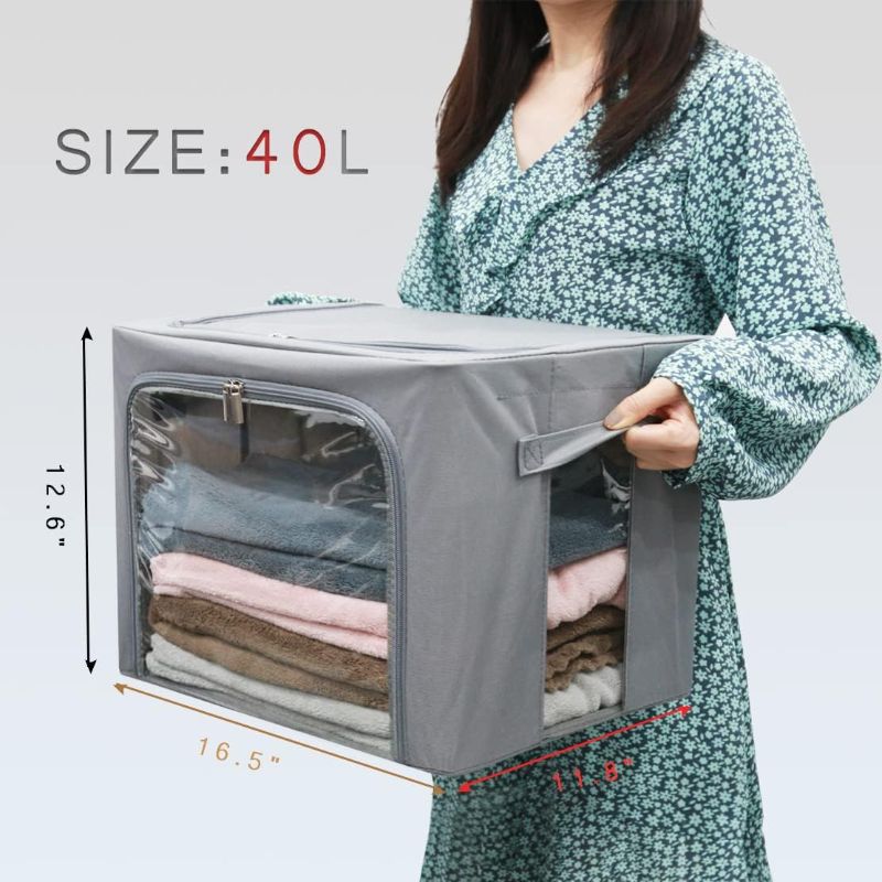 Photo 1 of Stackable Clothes Storage Box for Clothing Gadgets, Steel Frame Storage Bins for Toys Gift, Foldable Oxford Fabric Closet Organizer Bag Set w/ Carry Handles Clear Window (Medium- 40L x3 Pack, Grey)