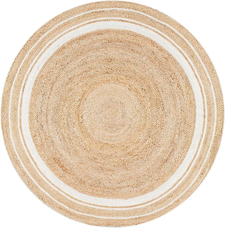 Photo 1 of Vipanth Natural Jute Rug Hand Braided Round Area Rug Handmade Rug For Home Decor (2 Feet Round (24 X 24 Inches), Beige + White Line)