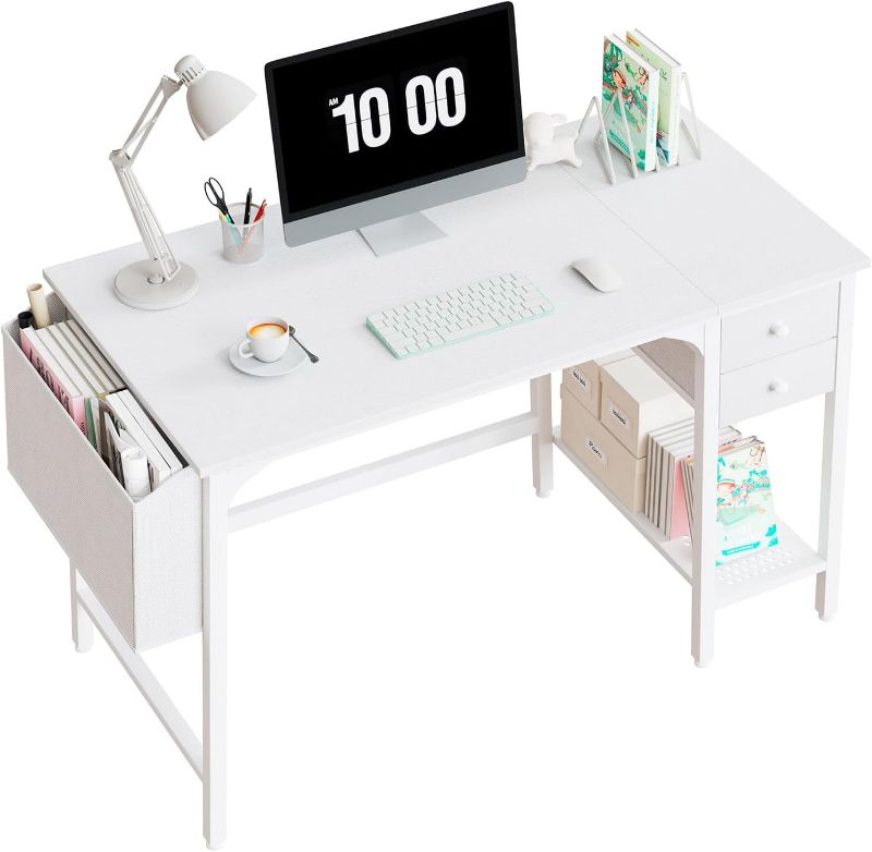 Photo 1 of Lufeiya White Small Desk with Drawers - 40 Inch Computer Desk for Small Space Home Office, Modern Simple Study Writing Table PC Desks
