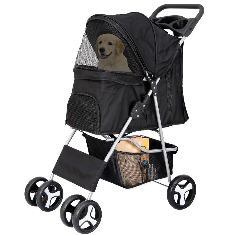 Photo 1 of Pet Stroller 4 Wheels Dog Cat Stroller for Small Medium Dog Cats Carrier Jogger Travel Foldable Puppy Stroller with Storage Basket and Cup Holder