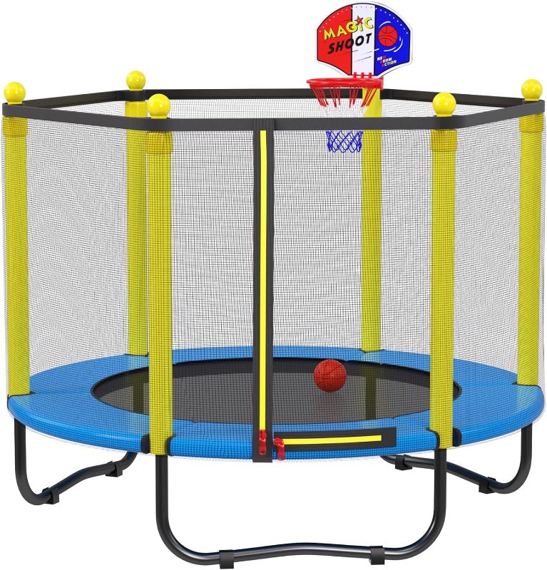 Photo 1 of Kids Trampoline with Safety Enclosure Net - 5FT Trampoline with Basketball Hoop for Toddlers Indoor and Outdoor, Recreational Trampolines Birthday Xmas Gifts for Boy and Girl