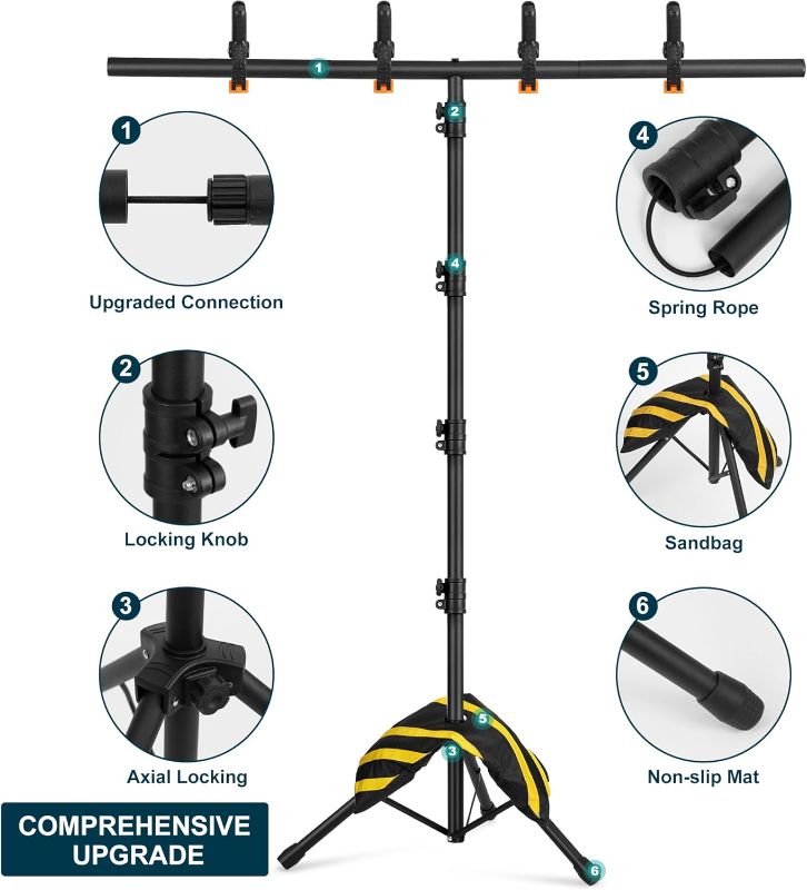 Photo 1 of (1 Part Is broken)(Missing Some Parts)Backdrop Stand 6.5x3.2FT, T-Shape Portable Photo Background Stand Kit Adjustable, Small Backdrop Stand with 4 Spring Clamps, Sandbag, Carry Bag for Parties, Wedding, Photography, Decoration