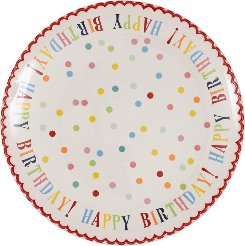 Photo 1 of DII Happy Birthday Stoneware Cake Plate, White, 12 inch diameter
