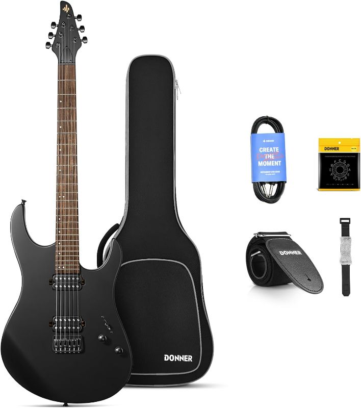 Photo 1 of Donner Solid Body Electric Guitar, Matte Finish 39 Inch Metal Electric Guitar Beginner Kits with Bag, Strings, Strap, Cable, Strings Dampener for Rock Music Lover, DMT-100 (Matte Black)
